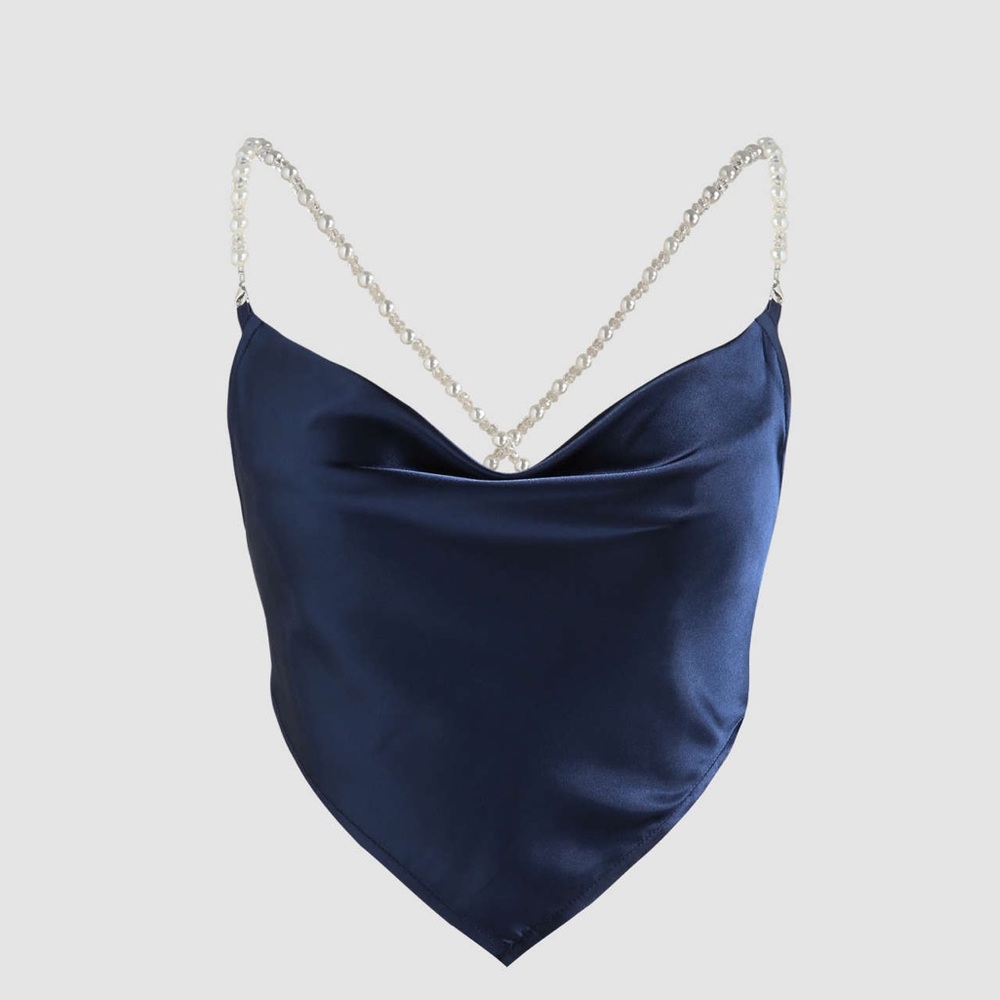 SET : Navy Blue Satin Crop Top with Pearl Straps